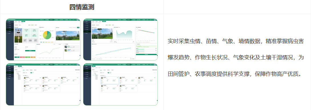 四情監(jiān)測(cè):實(shí)時(shí)采集蟲情、苗情、氣象、墑情數(shù)據(jù),精準(zhǔn)掌握病蟲害爆發(fā)趨勢(shì)、作物生長(zhǎng)狀況、氣象變化及土壤干濕情況,為田間管護(hù)、農(nóng)事調(diào)度提供科學(xué)支撐,保障作物高產(chǎn)優(yōu)質(zhì)。
