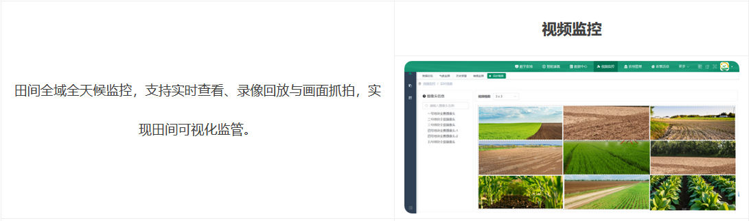 視頻監(jiān)控:田間全域全天候監(jiān)控,支持實(shí)時(shí)查看、錄像回放與畫面抓拍,實(shí)現(xiàn)田間可視化監(jiān)管。